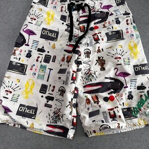 O'Neill White Swim Board Shorts with Multicolor Graphic Print